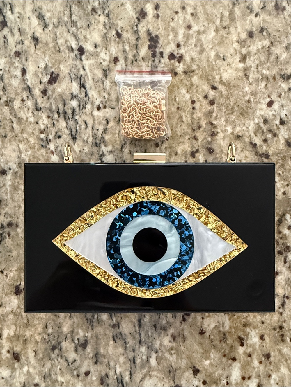 Black Acrylic Evil Eye Box Clutch Gold Chain Statement Purse